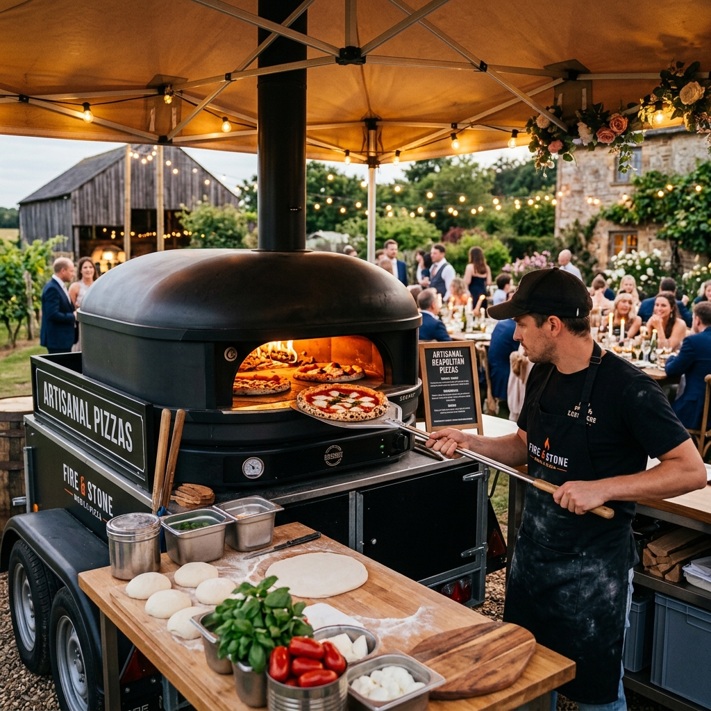 Professional mobile gas-fired pizza oven catering an outdoor event