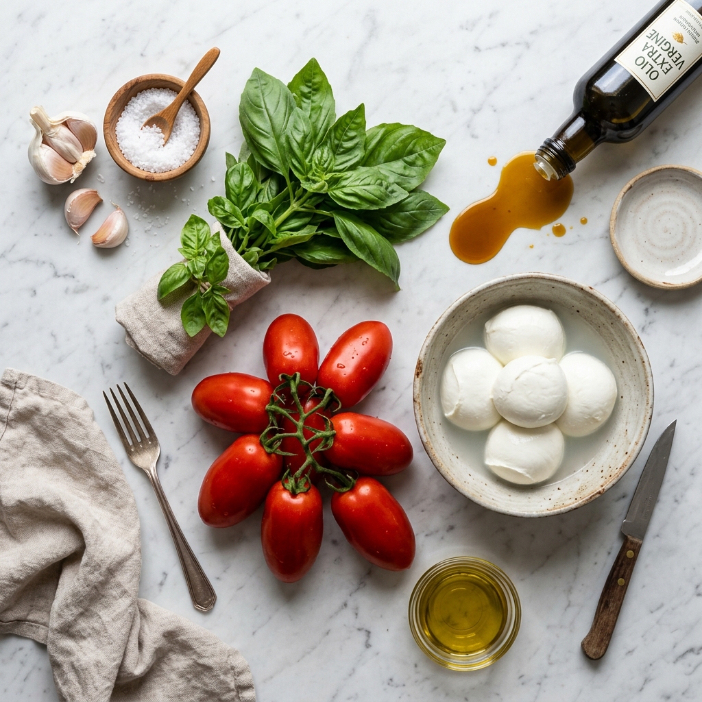 Fresh pizza ingredients including tomatoes, basil and mozzarella