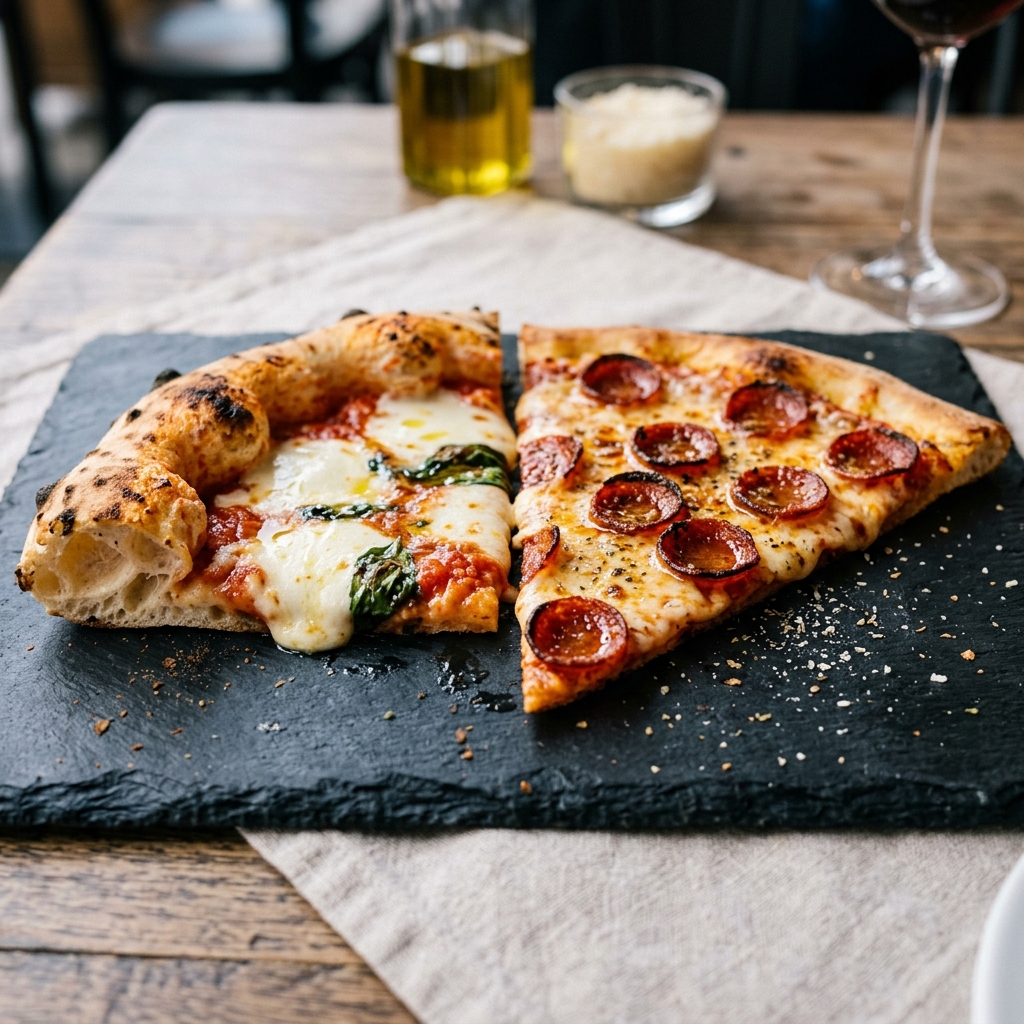Neapolitan and New York style pizza slices side-by-side